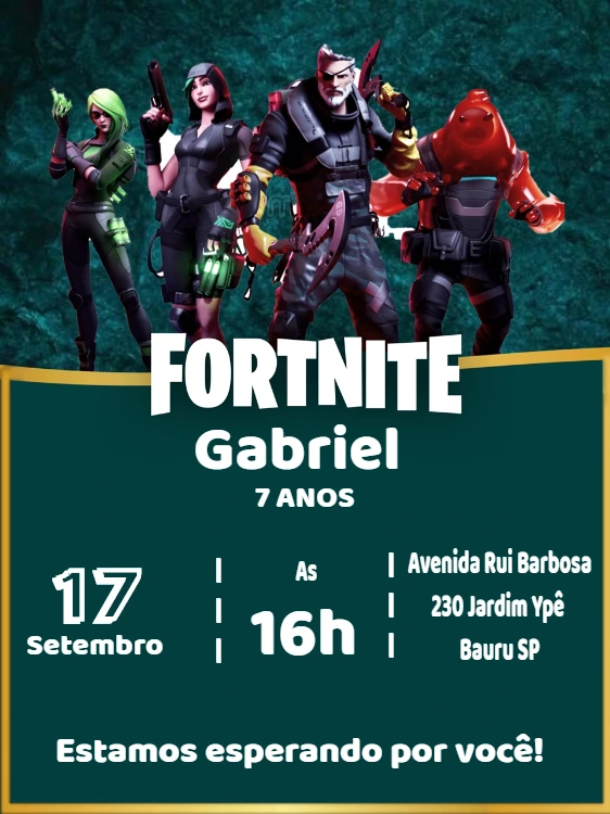 Convite de Aniversário Fortnite com Personagens para Editar Online