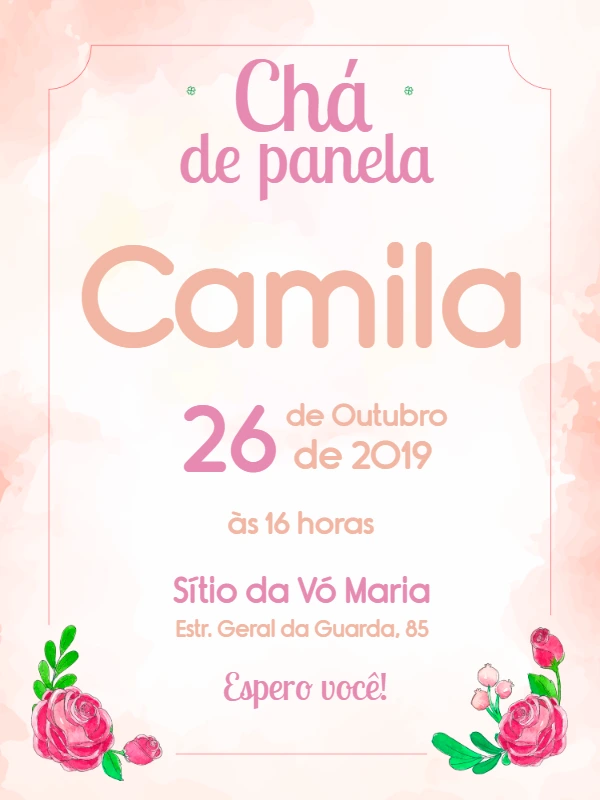 Convite Chá de Panela Floral Rosa para Editar Online