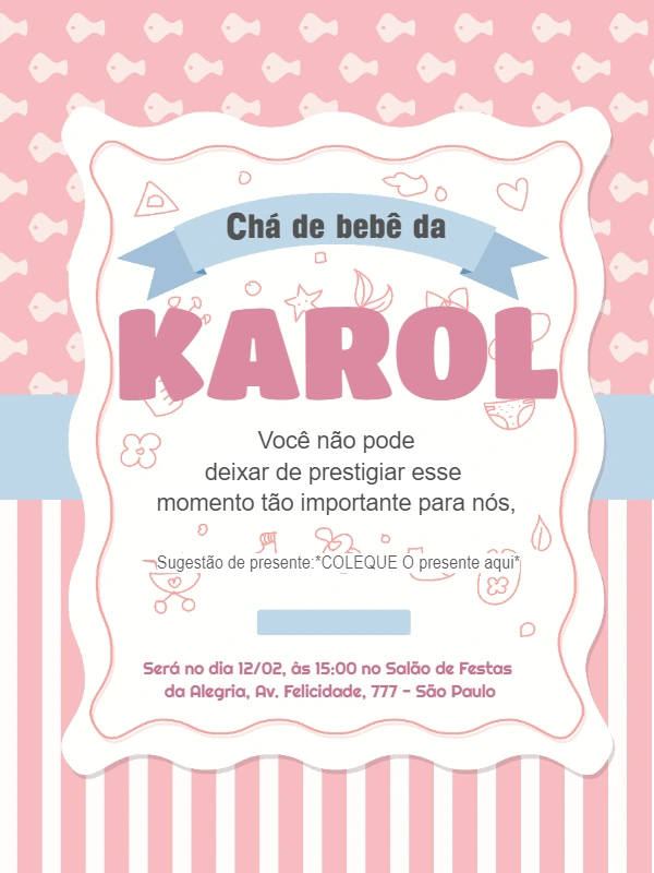 Convite Chá de Bebê Menina Rosa com Peixinhos para Editar