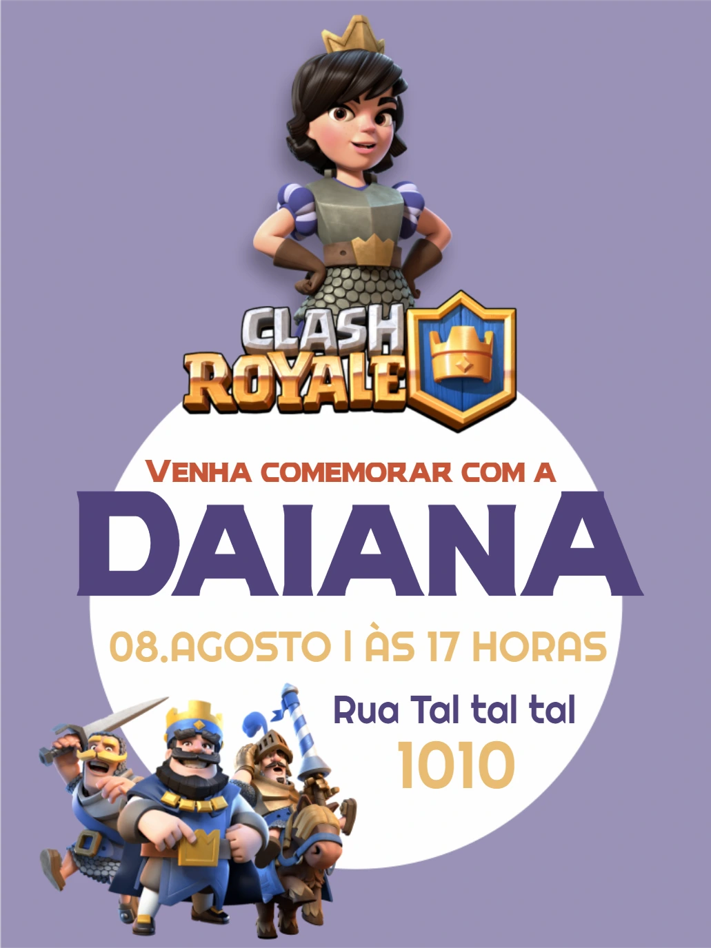 Convite de Aniversário Clash Royale com Personagens para Editar