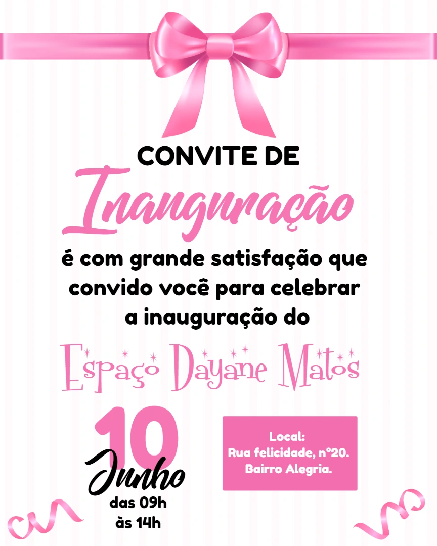 Convite de Inauguração de Loja com Laço Rosa para Editar Online