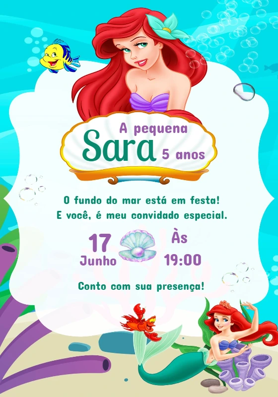 Convite de Aniversário A Pequena Sereia para Editar Online