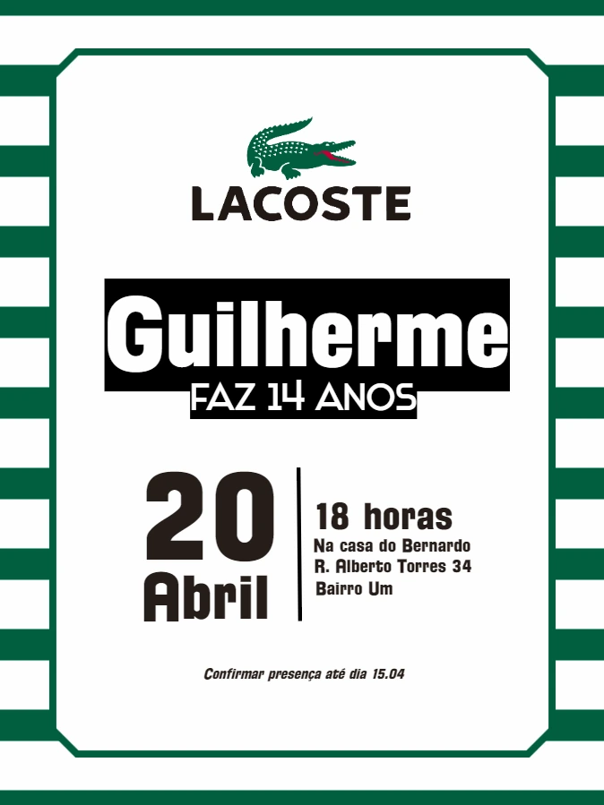 Convite Aniversário Tema Lacoste para Editar Online