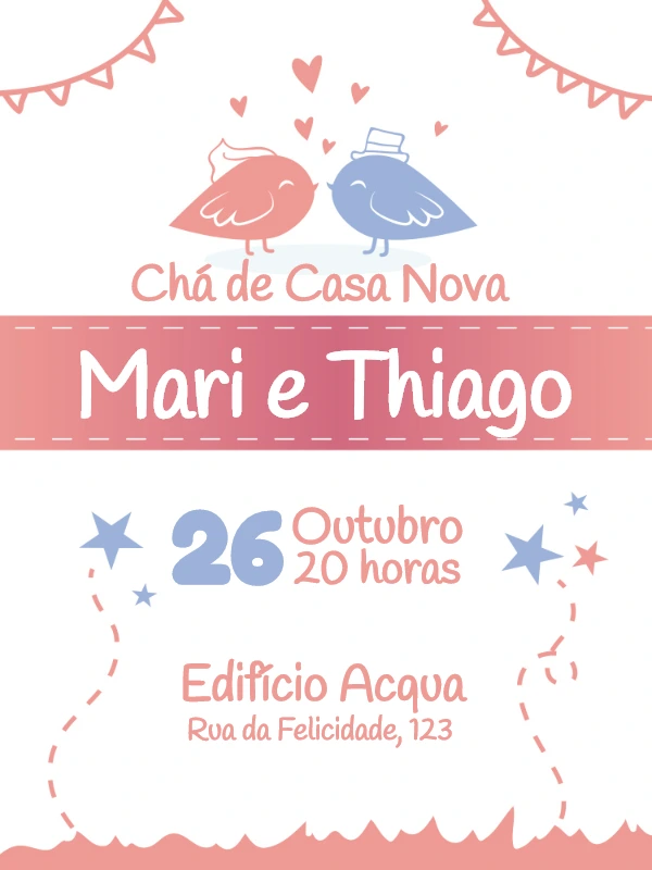 Convite Chá de Casa Nova com Passarinhos para Editar Online
