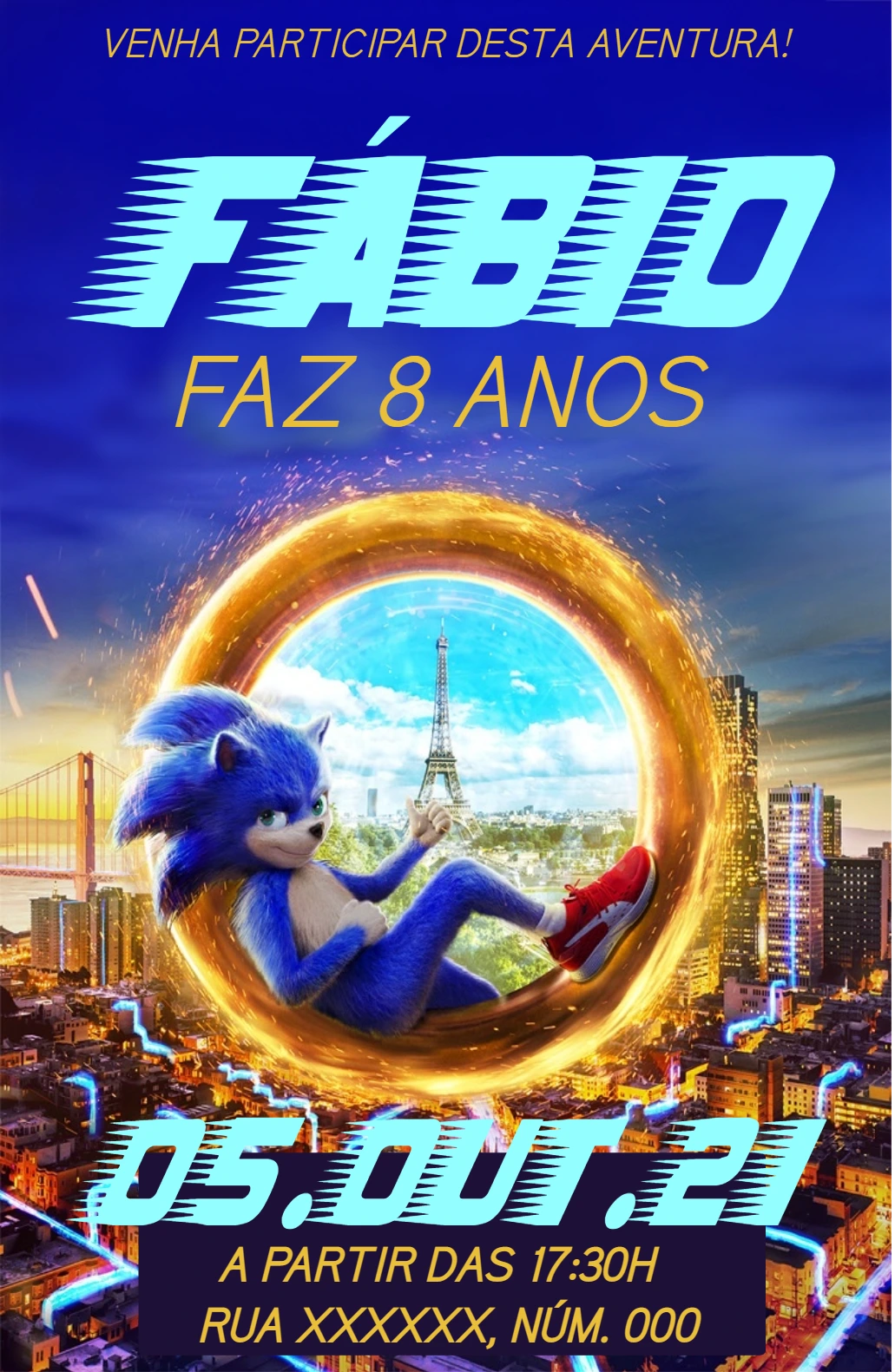 Convite de Aniversário Sonic do Filme para Editar Online