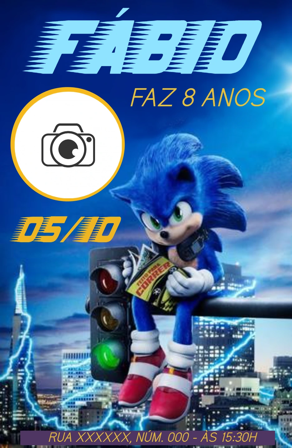 Convite Aniversário Sonic com Foto para Editar Online