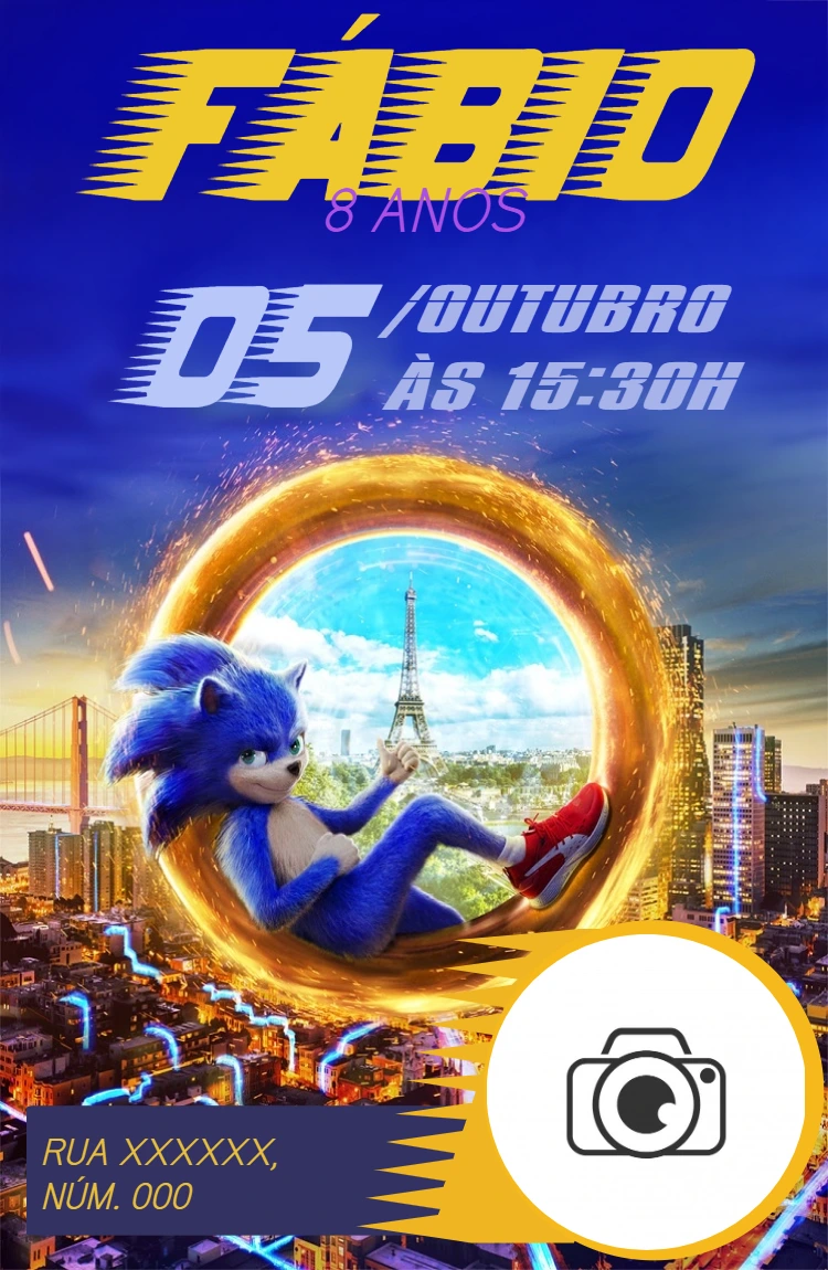 Convite de Aniversário Sonic com Foto para Editar Online