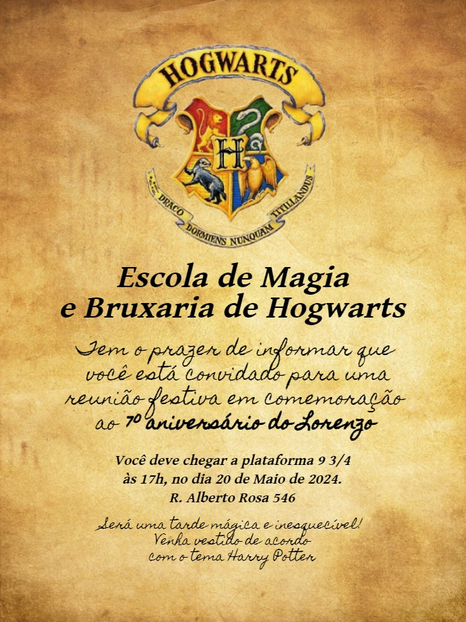 Convite Aniversário Harry Potter Carta de Hogwarts para Editar