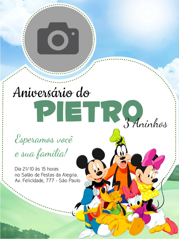 Convite de Aniversário Mickey com Foto para Editar Online