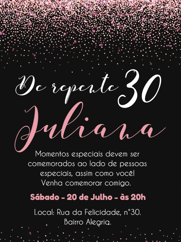 Convite de Aniversário Glitter Rosa e Preto para Editar