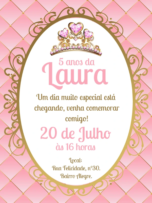 Convite Aniversário Princesa Rosa e Dourado para Editar Online