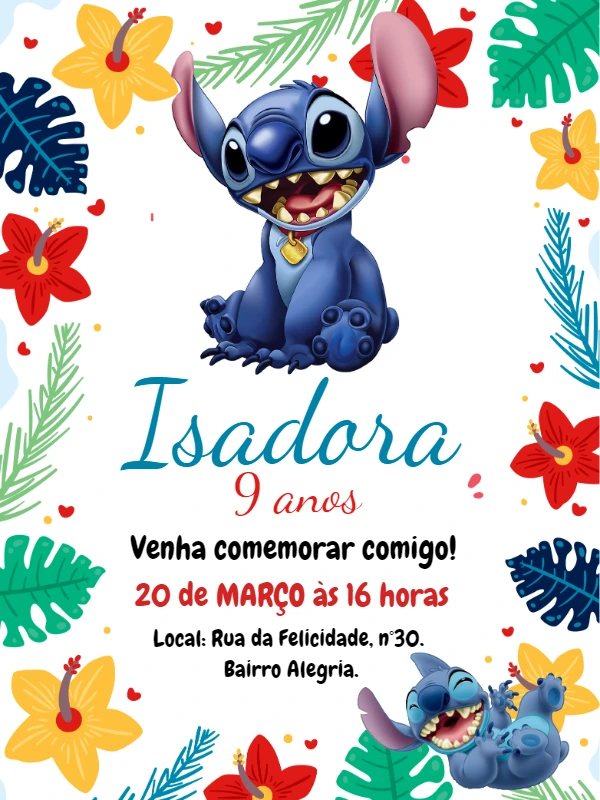 Convite de Aniversário Stitch Tropical para Editar Online