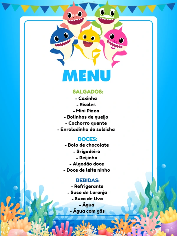 Menu de Aniversário Baby Shark para Editar Online