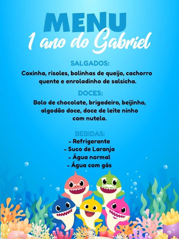 Menu Aniversário Baby Shark para Editar e Imprimir