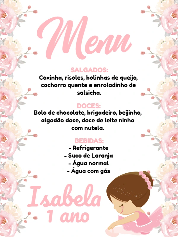 Menu Aniversário Bailarina Editável Online para Imprimir