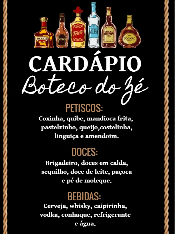 Cardápio de Aniversário Tema Boteco para Editar Online