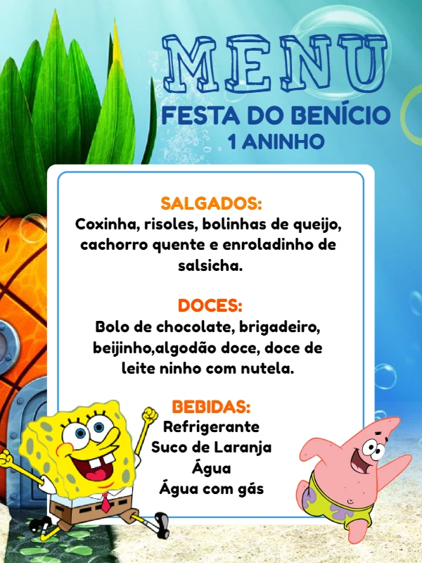 Menu de Aniversário Bob Esponja Editável Online para Festa