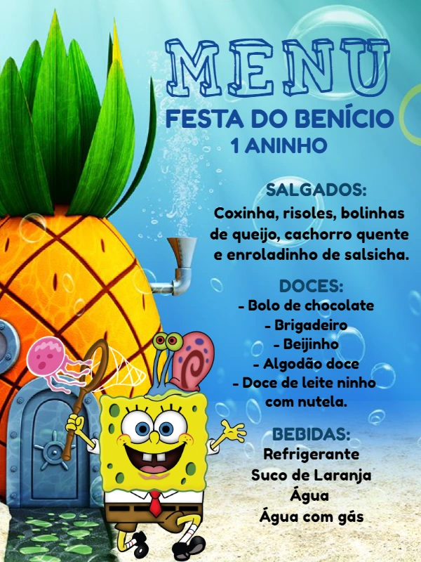 Menu de Aniversário Bob Esponja Editável Online para Imprimir