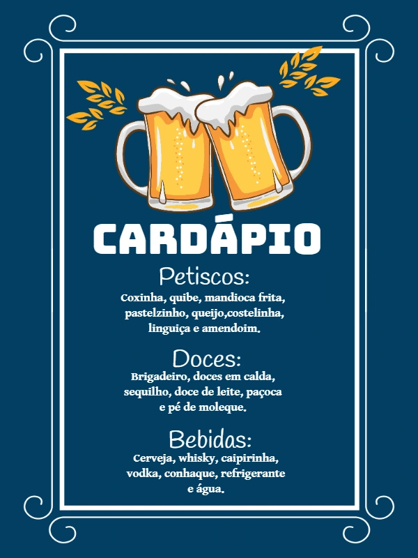 Cardápio de Aniversário Tema Boteco para Editar Online