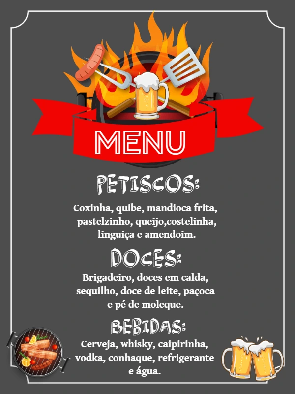 Menu de Aniversário Boteco com Churrasco para Editar Online