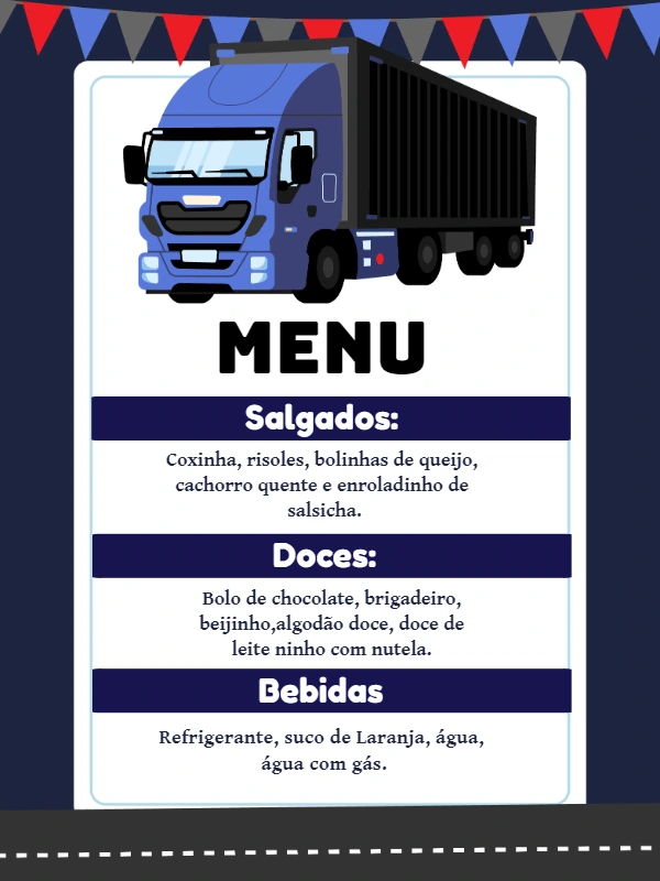 Menu de Aniversário Tema Caminhão para Editar Online