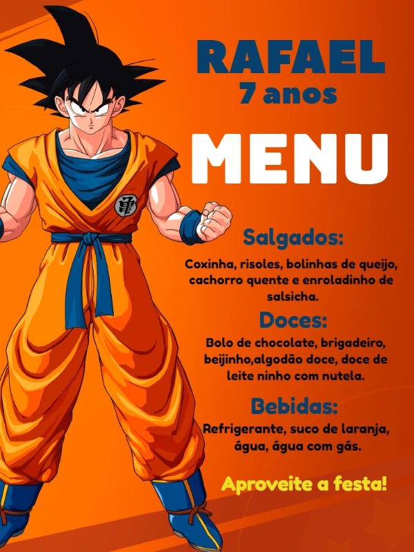Menu Aniversário Goku Dragon Ball para Editar e Imprimir