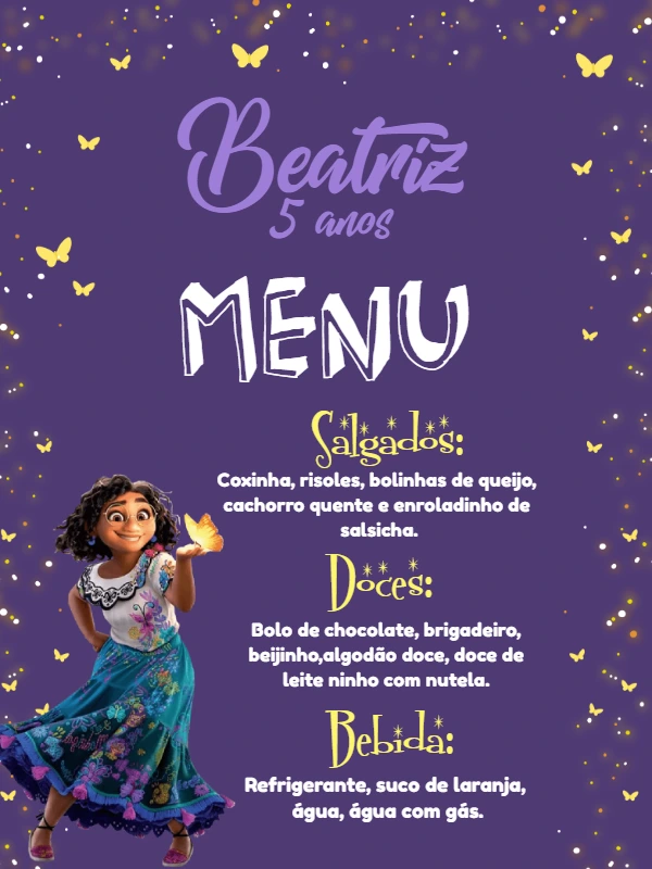 Menu de Aniversário Encanto com Mirabel para Editar Online
