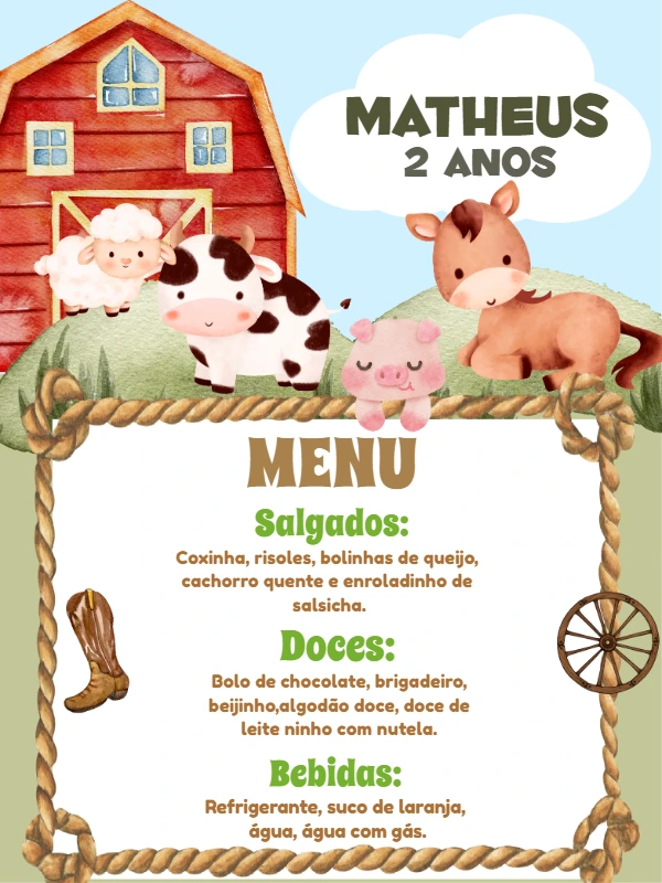 Menu Aniversário Fazendinha com Animais para Editar Online