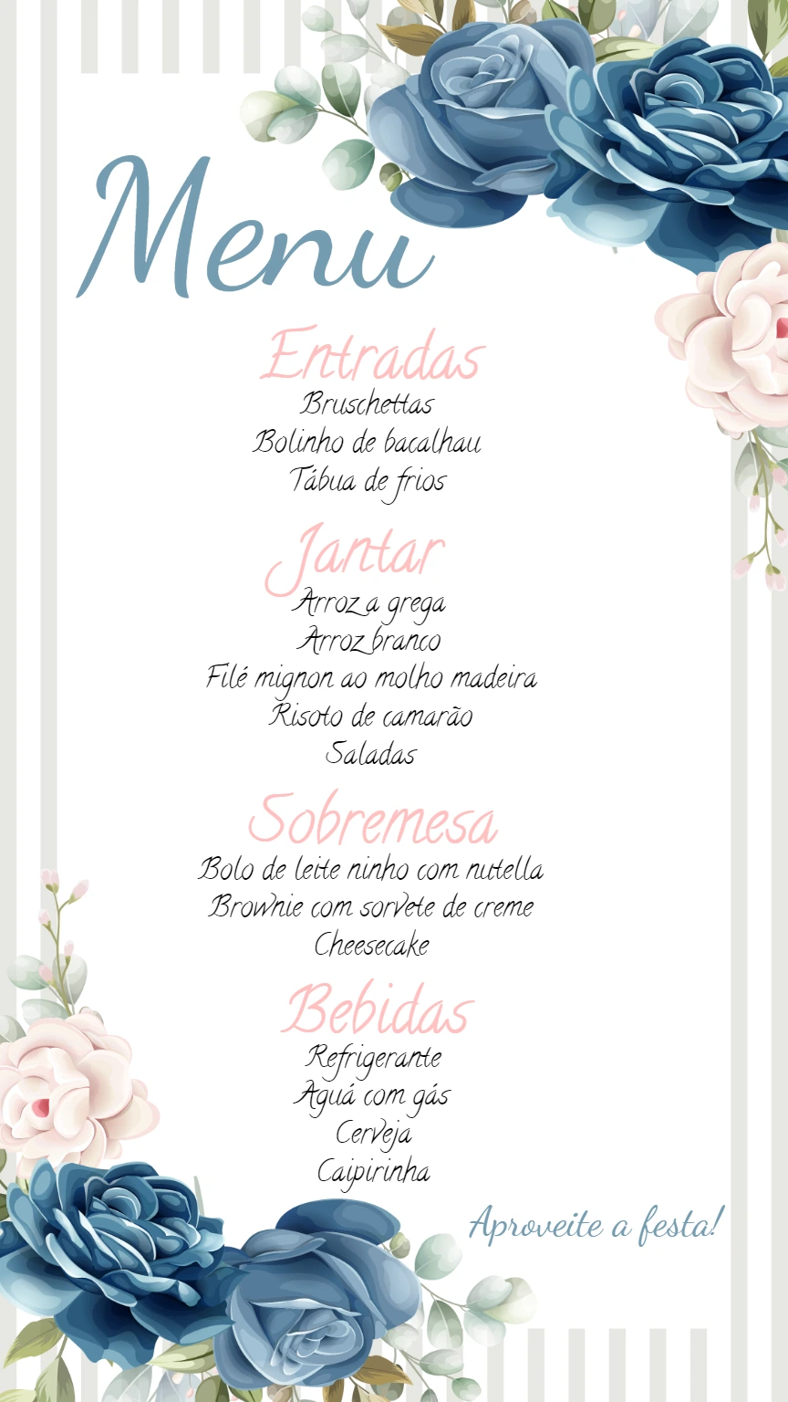 Menu de Casamento Floral Azul para Editar Online