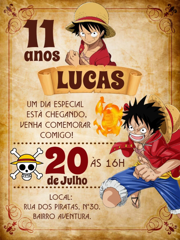 Convite de Aniversário One Piece Luffy para Editar Online