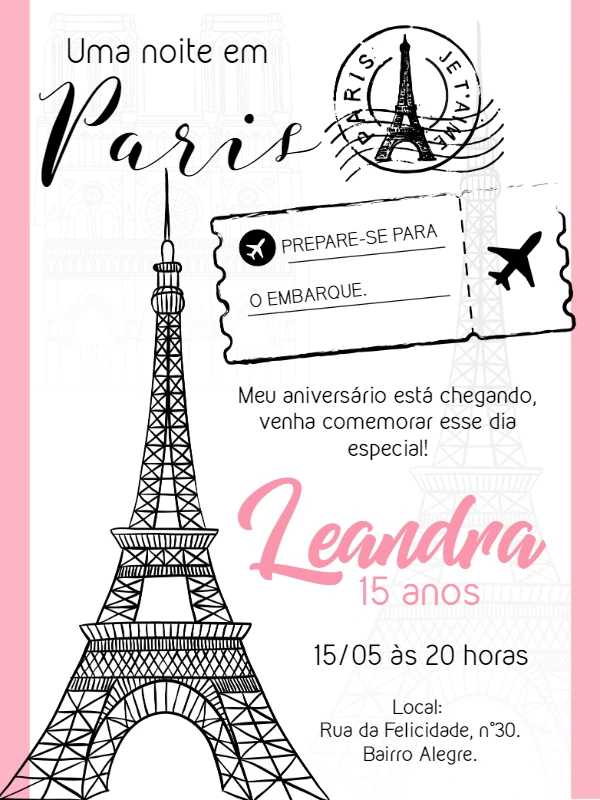 Convite de Aniversário Tema Paris para Editar Online