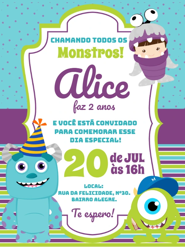 Convite Aniversário Monstros S.A. para Editar Online