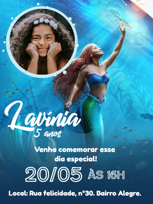 Convite Aniversário A Pequena Sereia com Foto para Editar