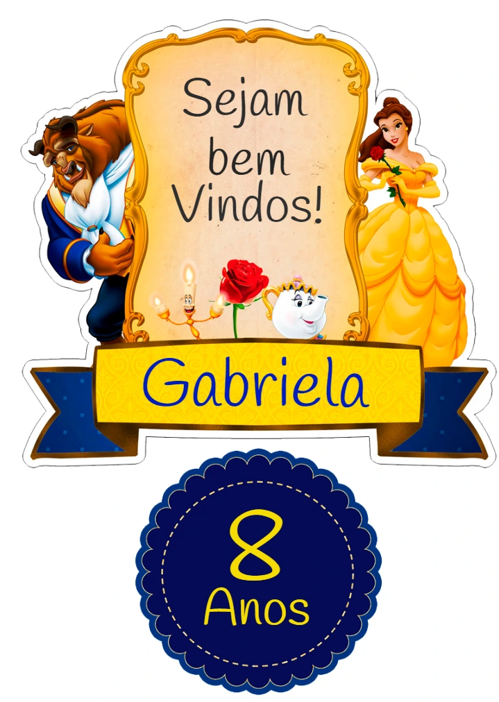 Topo de Bolo A Bela e a Fera de Aniversário para Editar Online