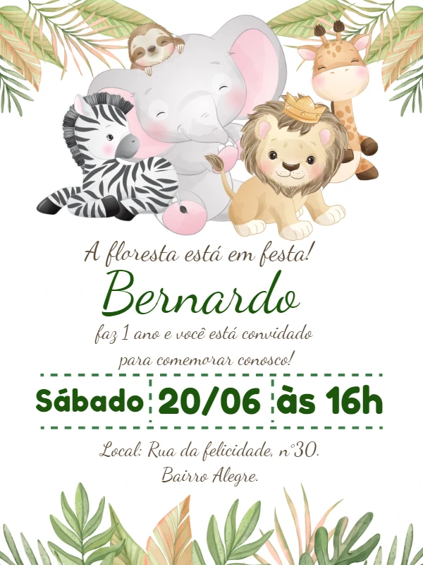 Convite de Aniversário Safari Baby com Animais para Editar Online