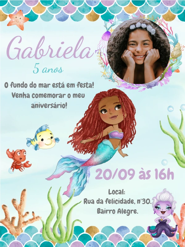 Convite Aniversário Pequena Sereia com Foto para Editar Online