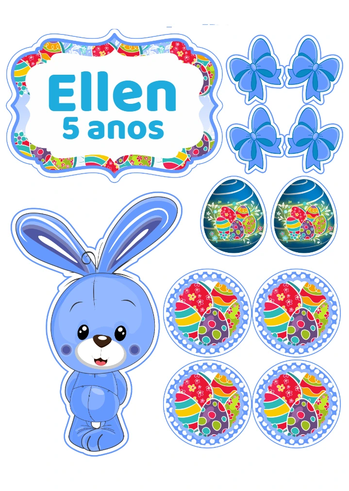 Topo de Bolo Páscoa Coelhinho Azul para Editar Online