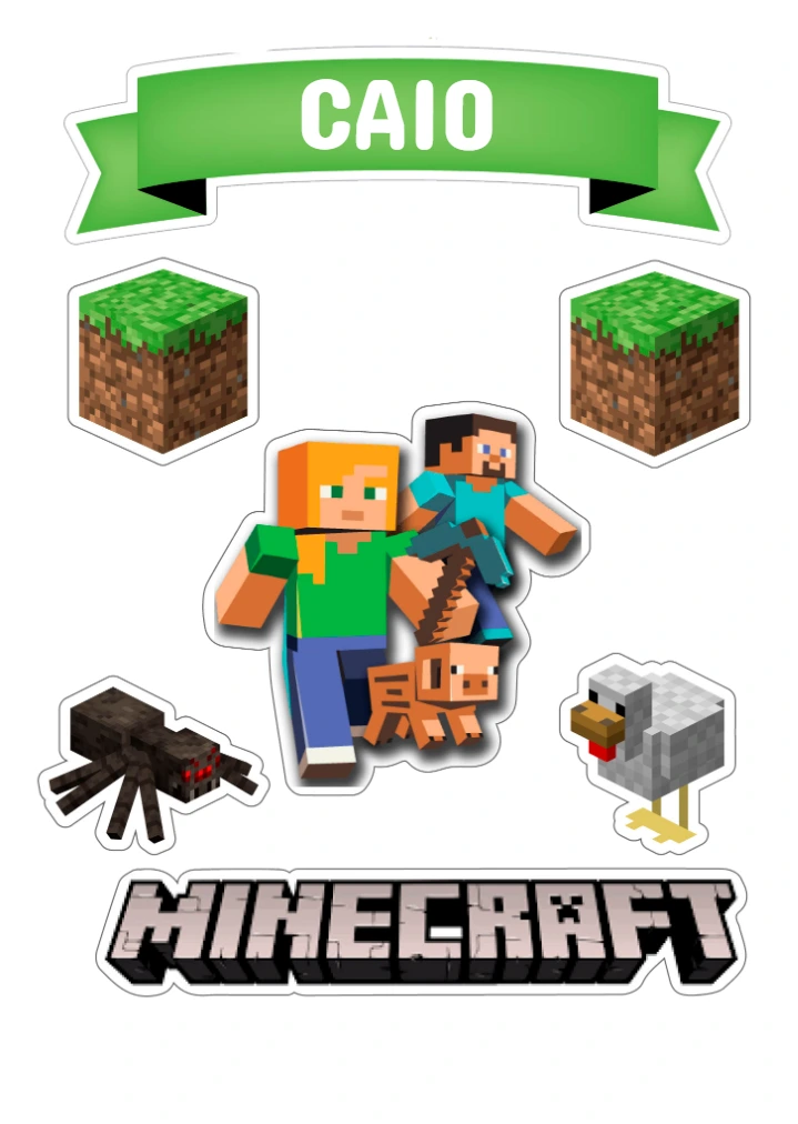 Topo de Bolo Minecraft Aniversário com Personagens para Editar