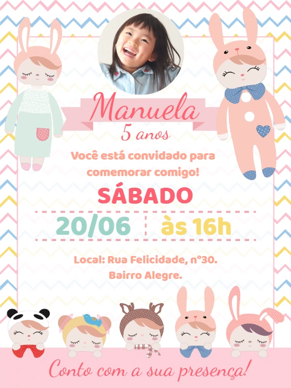 Convite Aniversário Bonequinhas Fofas com Foto para Editar