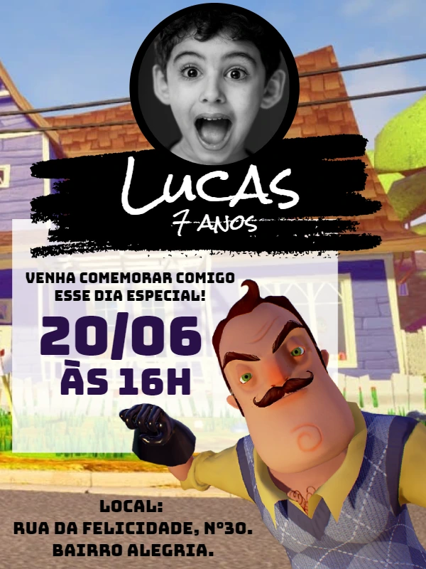 Convite de Aniversário Hello Neighbor com Foto para Editar