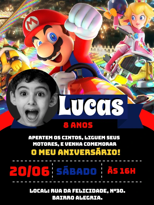 Convite Aniversário Mario Kart com Foto para Editar Online