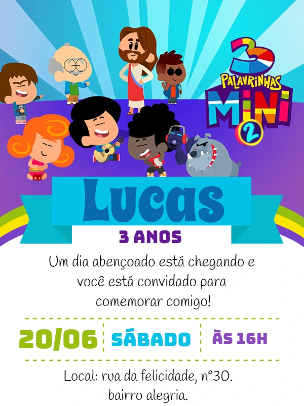 Convite Aniversário 3 Palavrinhas Mini para Editar Online