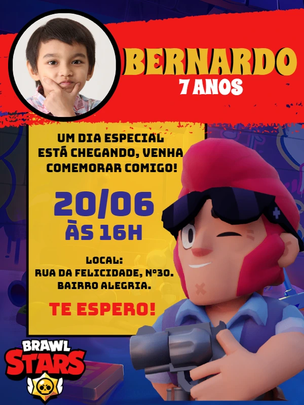 Convite Aniversário Brawl Stars com Foto para Editar Online