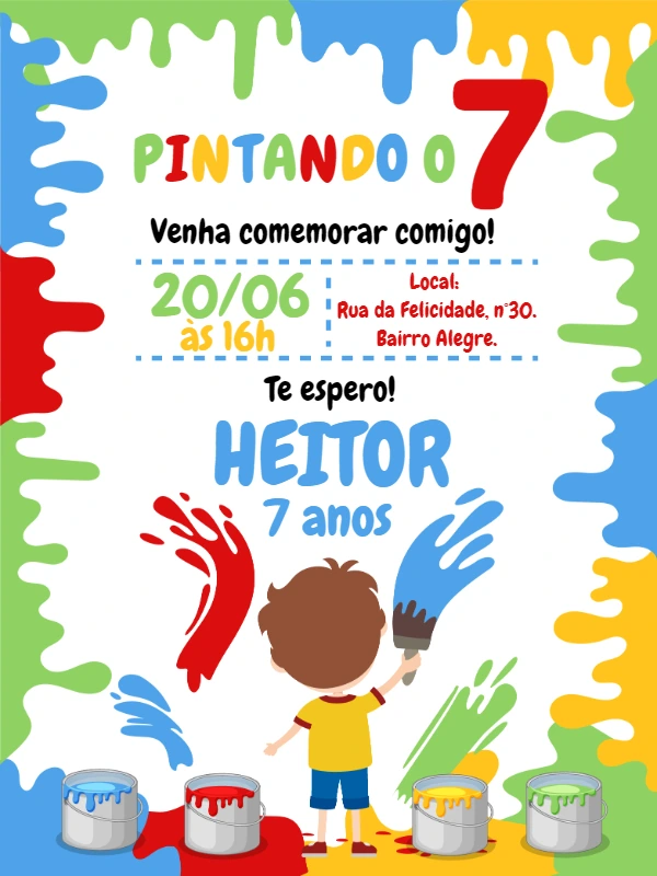 Convite Aniversário Pintando o 7 para Editar Online