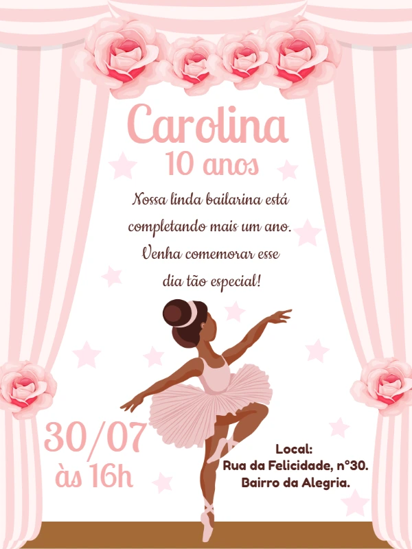 Convite Aniversário Bailarina Negra para Editar Online