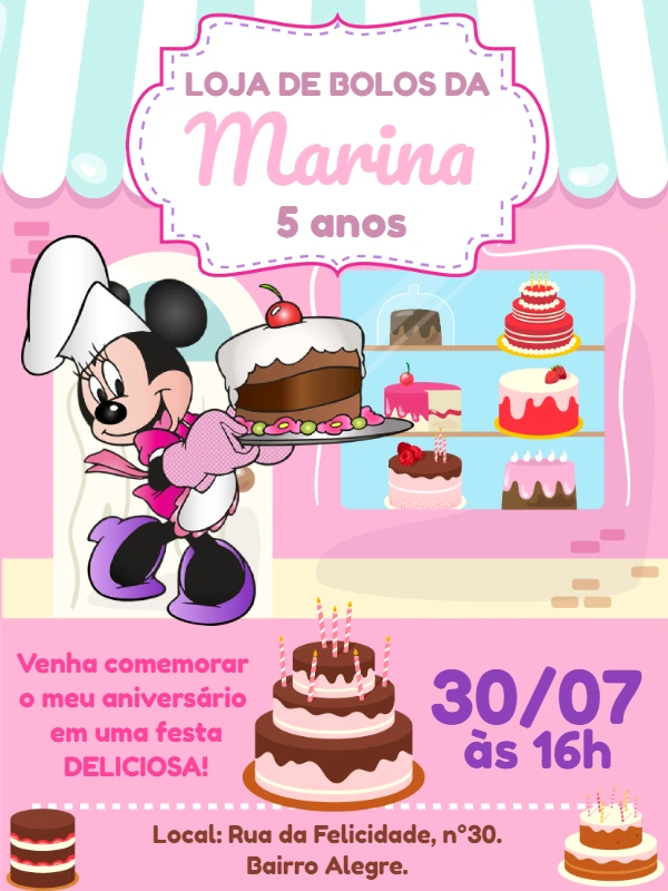 Convite Aniversário Minnie Confeiteira para Editar Online