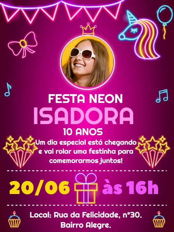 Convite de Aniversário Neon com Foto para Editar Online