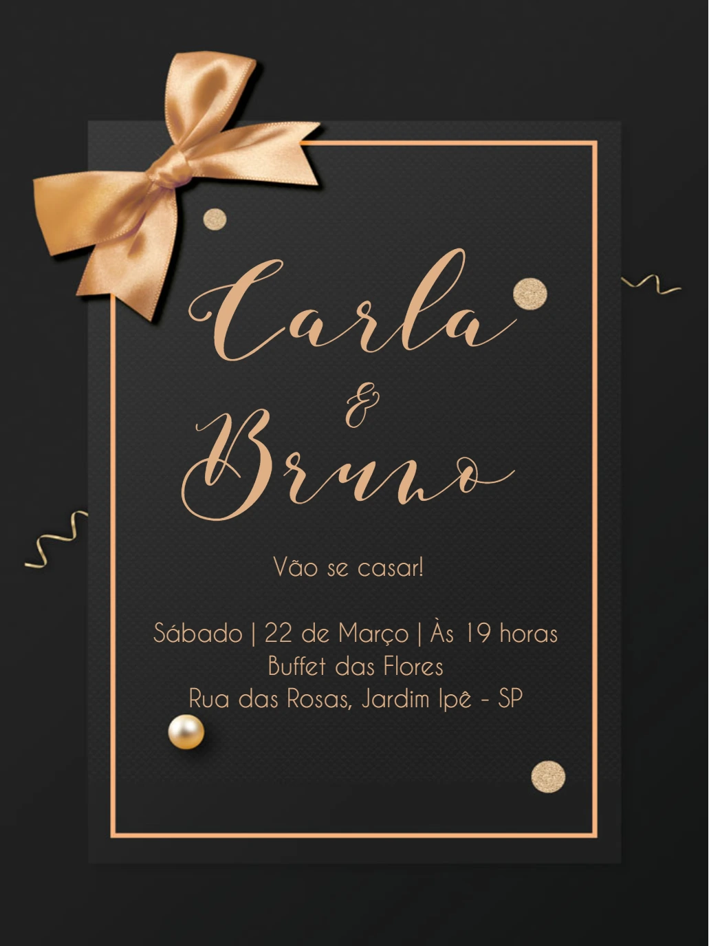 Convite de Casamento Preto e Dourado Luxuoso para Editar Online