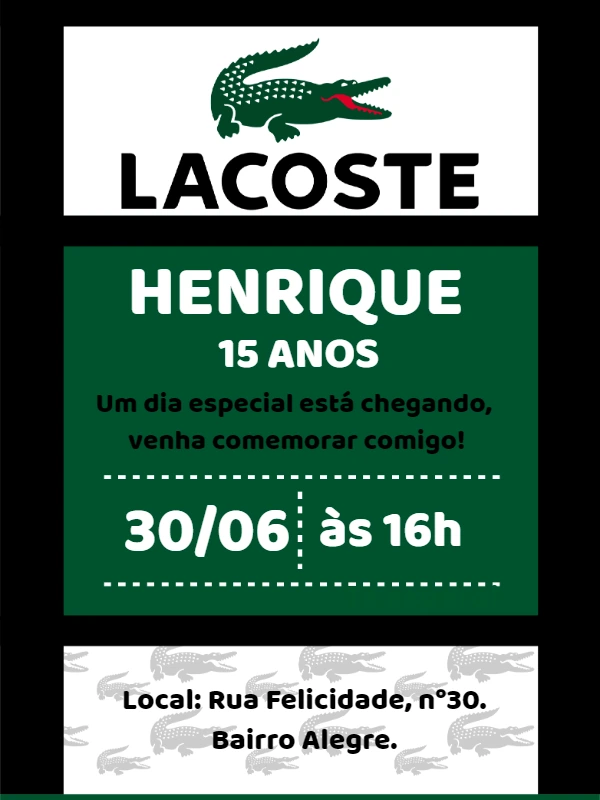 Convite de Aniversário Tema Lacoste para Editar Online