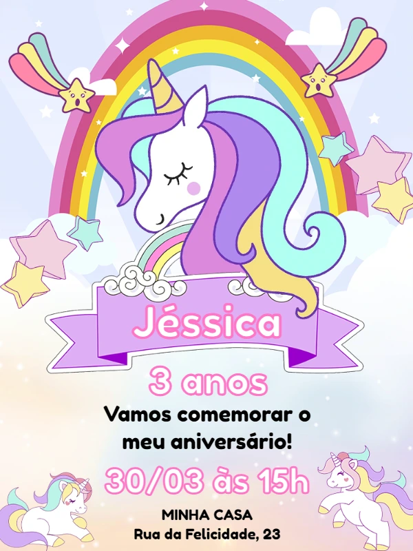 Convite de Aniversário Unicórnio Mágico para Editar Online